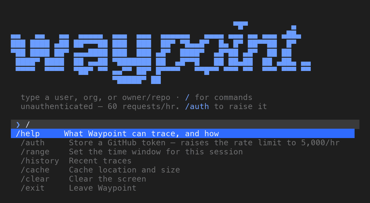 the waypoint interactive session on launch: the pixel wordmark and the slash-command palette